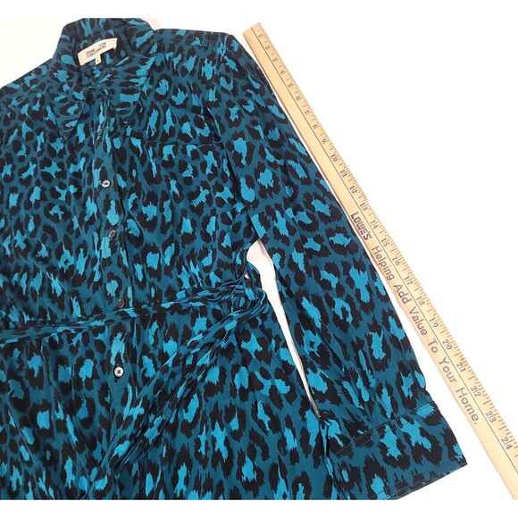 Diane Von Furstenberg Animal Print Dress XL Blue Cheetah Button Up Viscose Tie - Picture 11 of 15